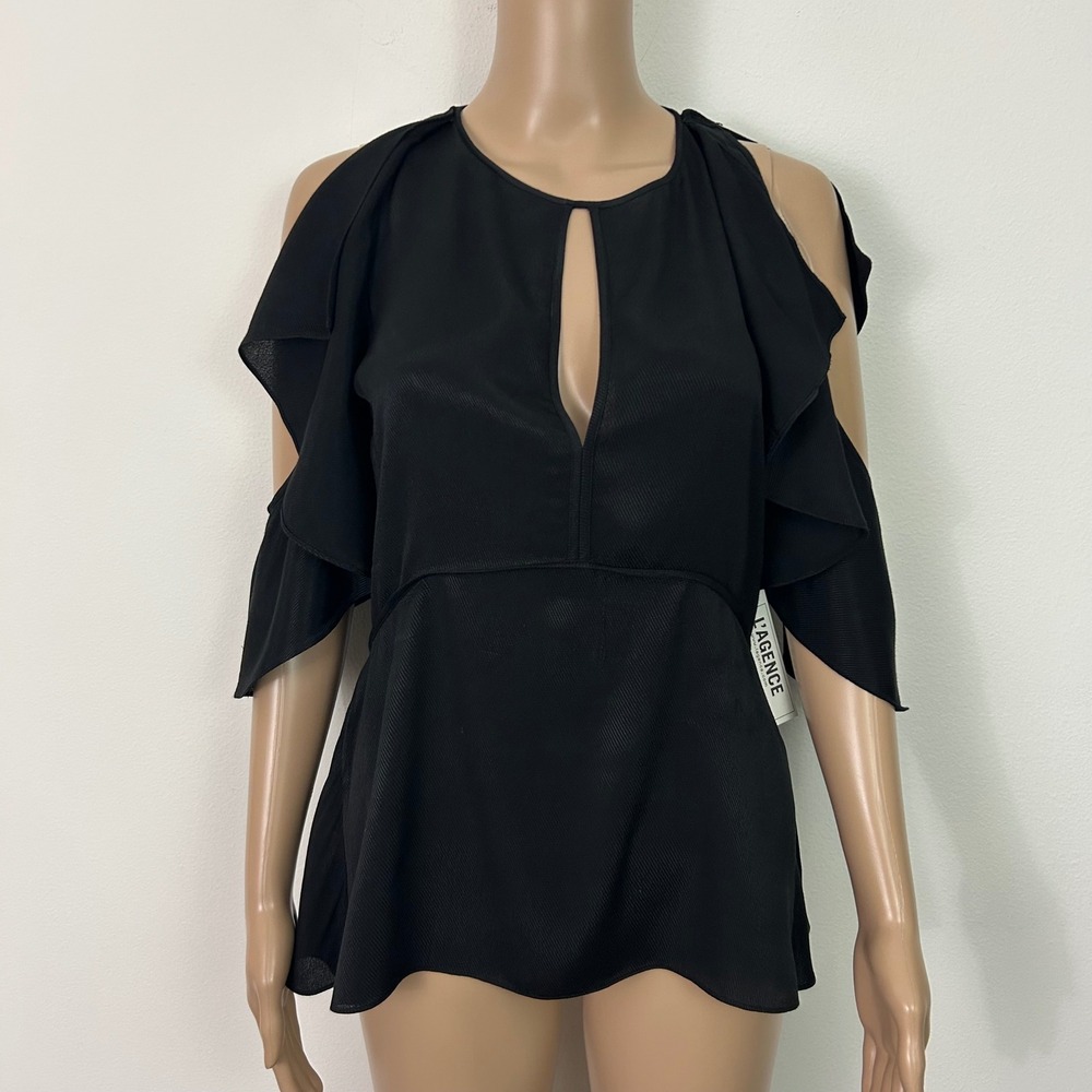 L'AGENCE Desiraya B Sennia Black Cold‎ Shoulder Ruffle Blouse Keyhole Top S NEW